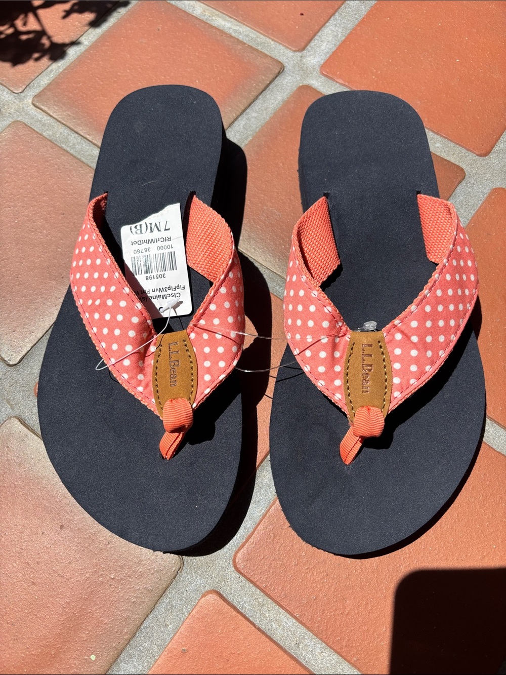 L.L. Bean Polka Dot Coral Flip Flop Sandals with Black Footbed